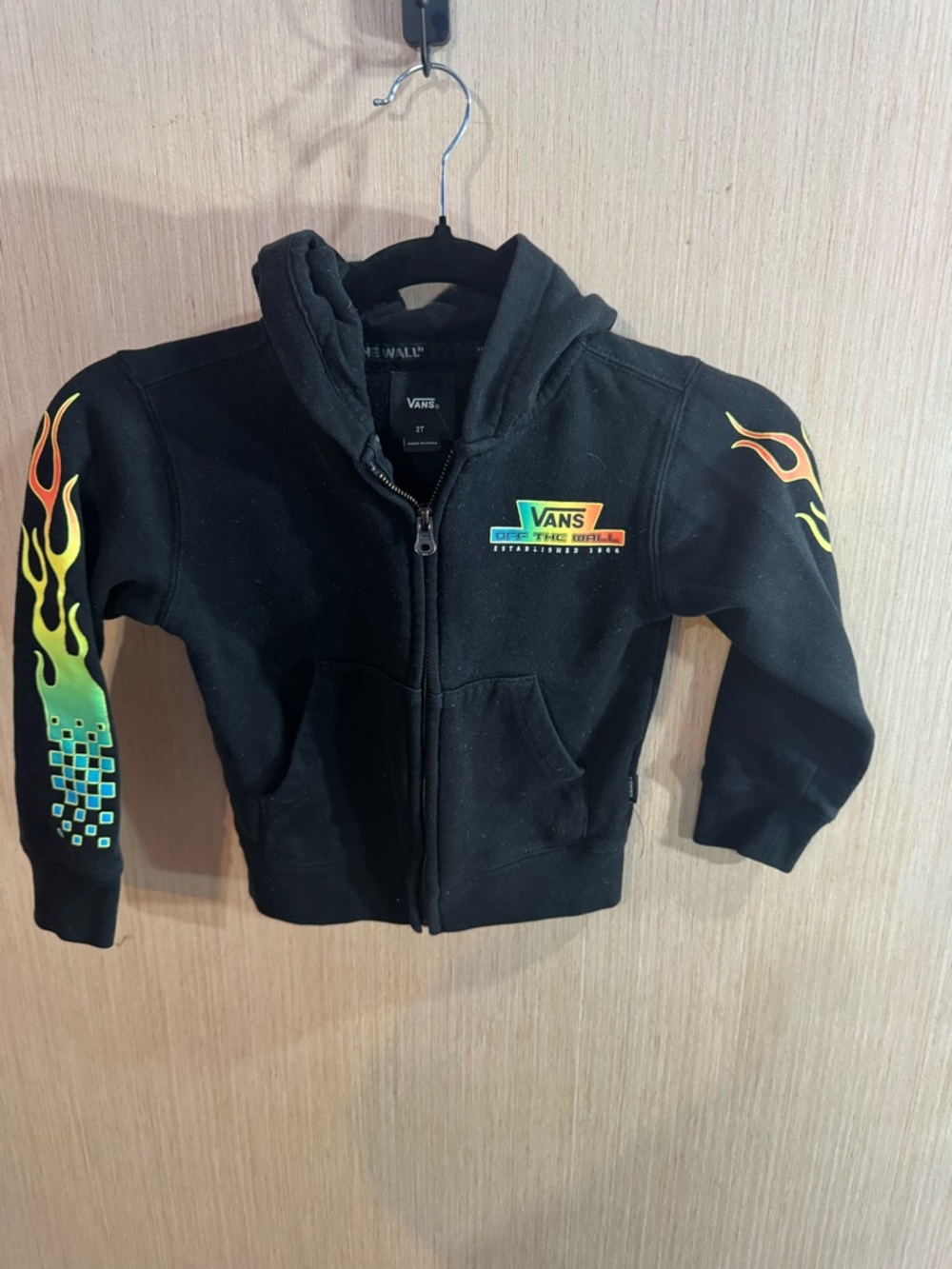 Vans Black Kids Zip Hoodie with Gradient Flame Sleeve Graphics Size 2T